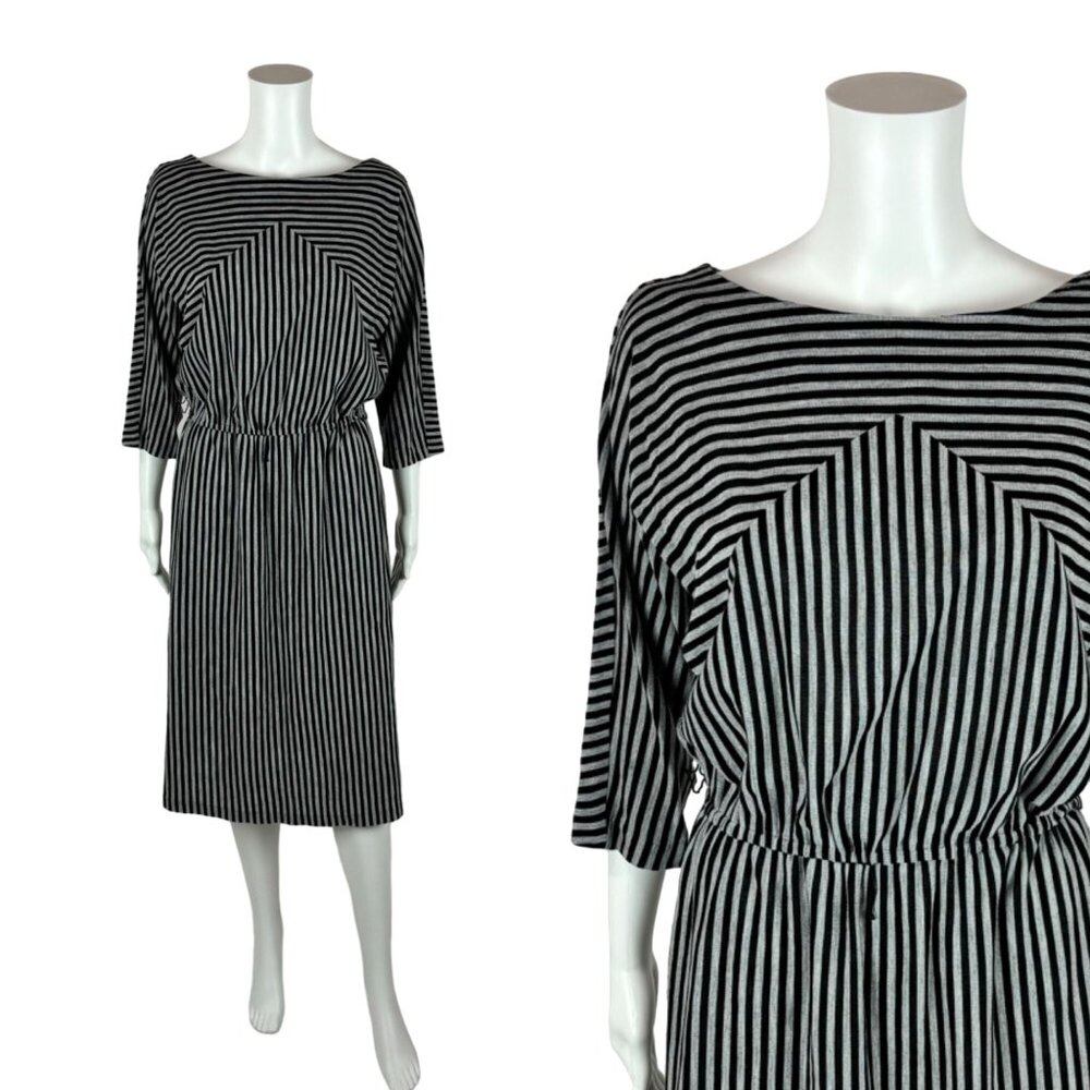 Vintage 80s Striped Dress Women's Medium Black White Slouchy Batwing Sleeves - Picture 1 of 10